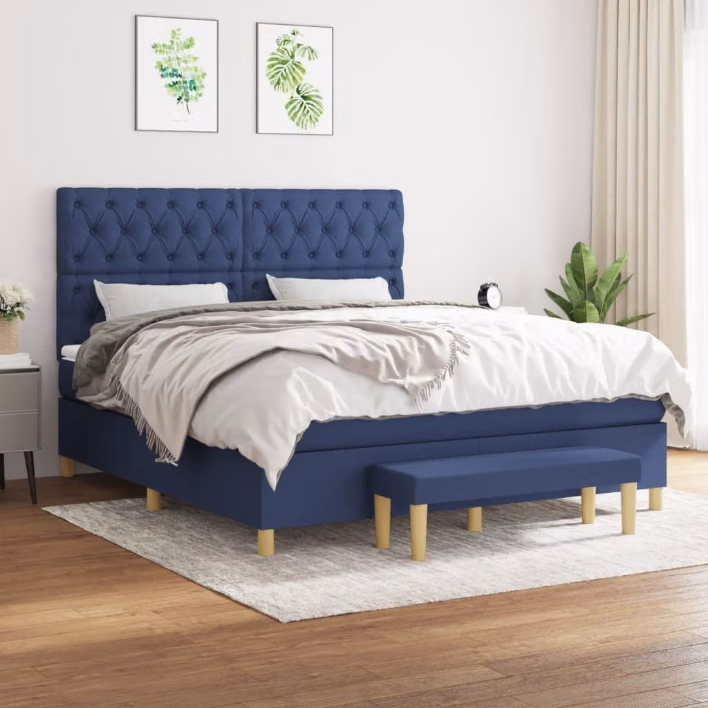 The Living Store Letto a molle con materasso Blu 160x200 cm in tessuto