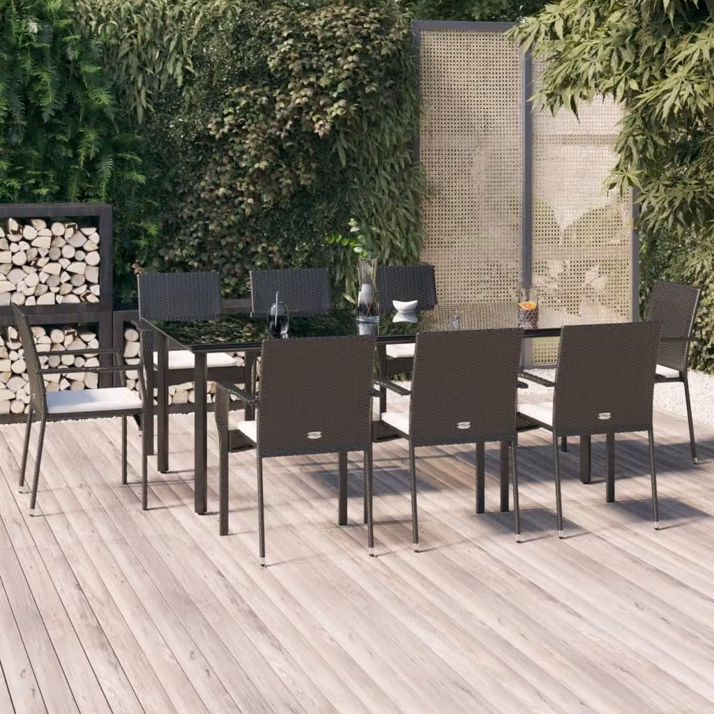 Set da pranzo da giardino vidaXL in polyrattan nero con 9 pezzi e cuscini