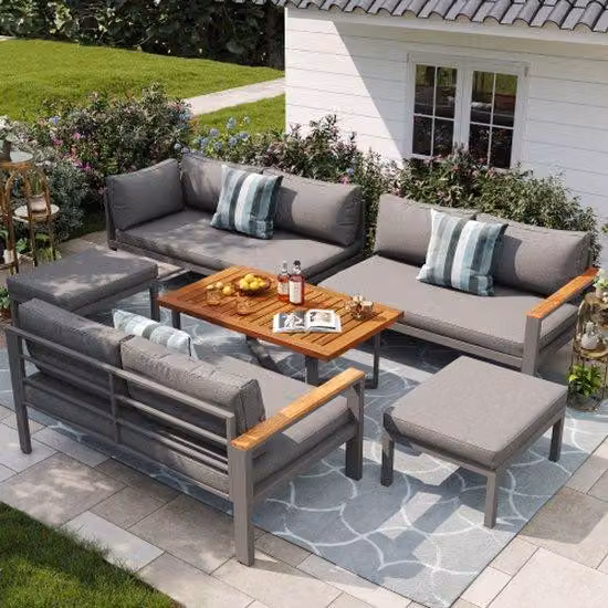 Set di sedute resistente alle intemperie per 7-8 persone, gruppo di arredi moderni per terrazza con struttura in acciaio inossidabile