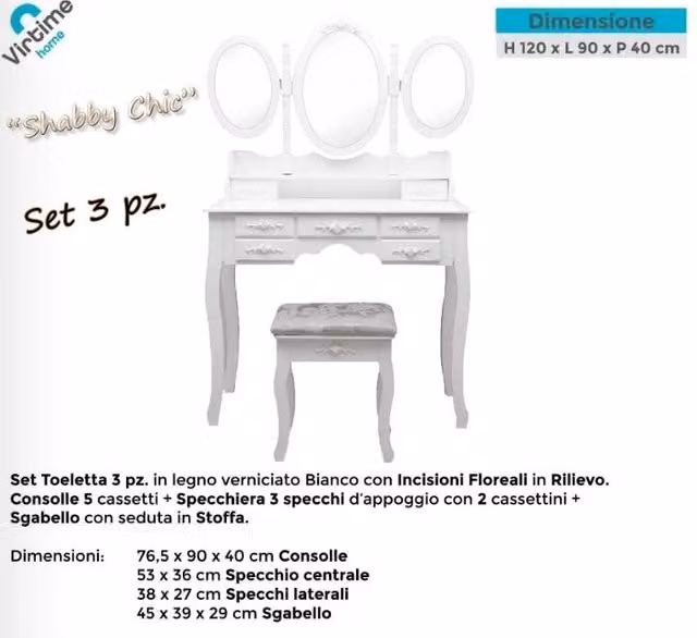 Toeletta Mobile Specchiera Petineuse con Sgabello Imbottito Bianco Cassetti