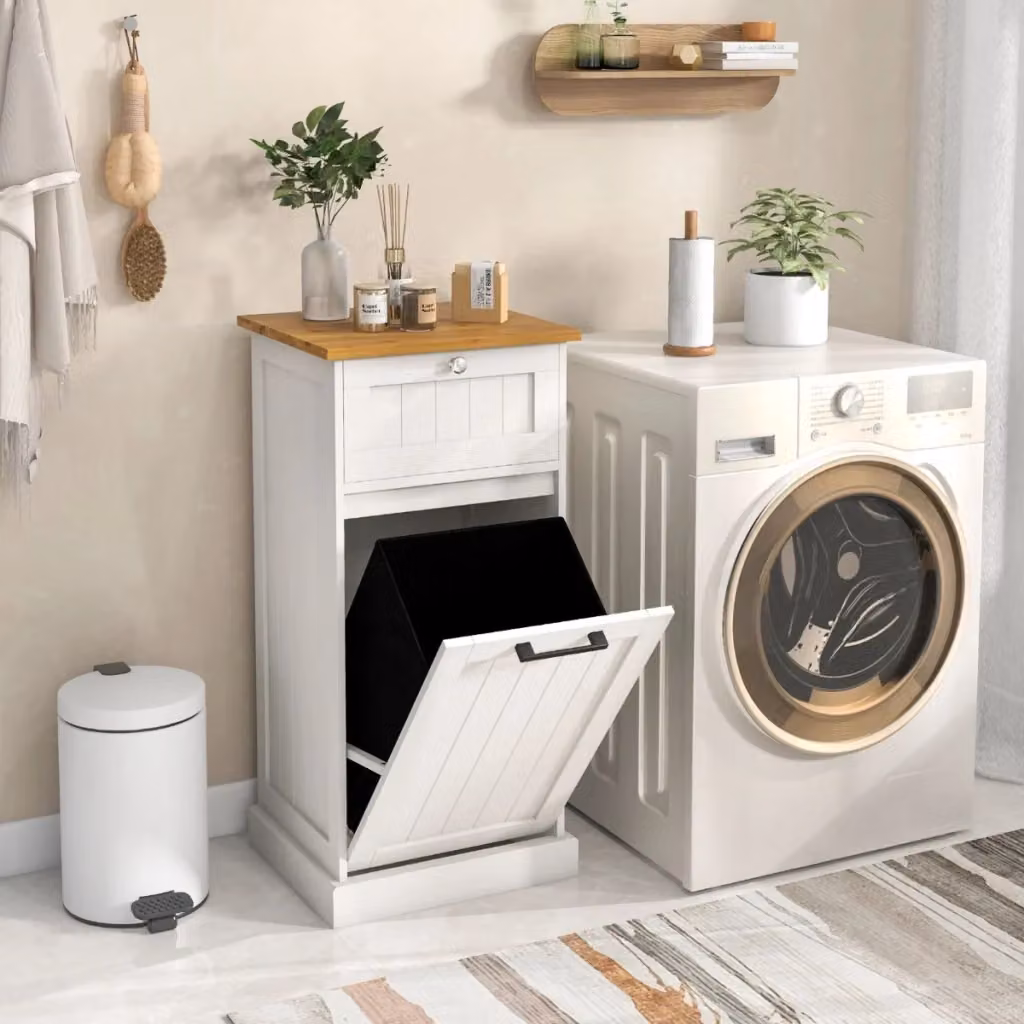 Mobiletto per lavanderia con cesto per biancheria a ribalta e cassetto, Bianco, L: 40 cm, P: 37 cm, H: 82 cm – 2