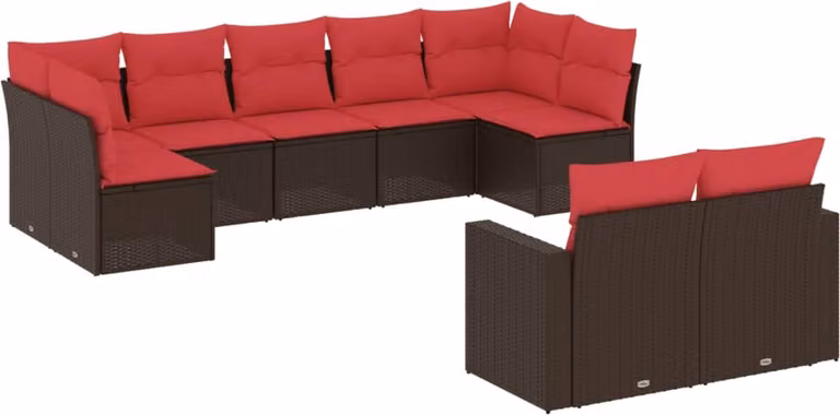 Set Divani da Giardino 9pz con Cuscini Marrone in Polyrattan