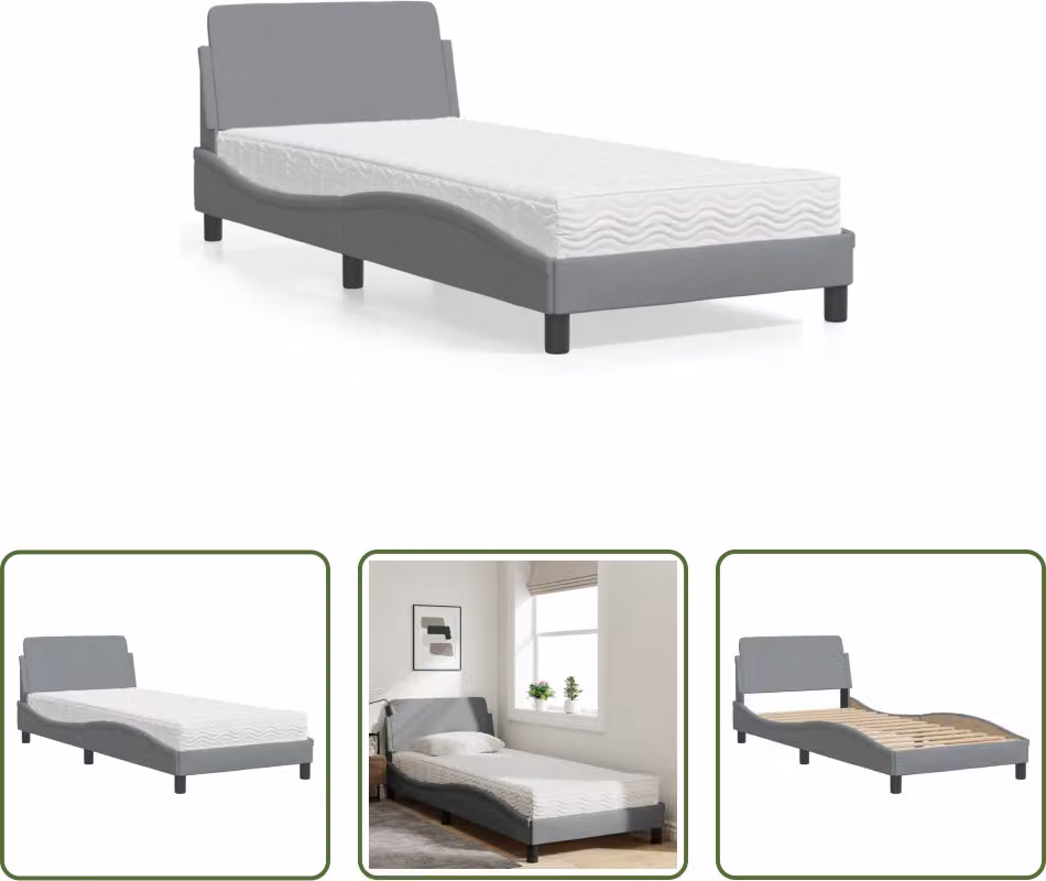 The Living Store Letto con materasso grigio chiaro 90x200 cm in tessuto