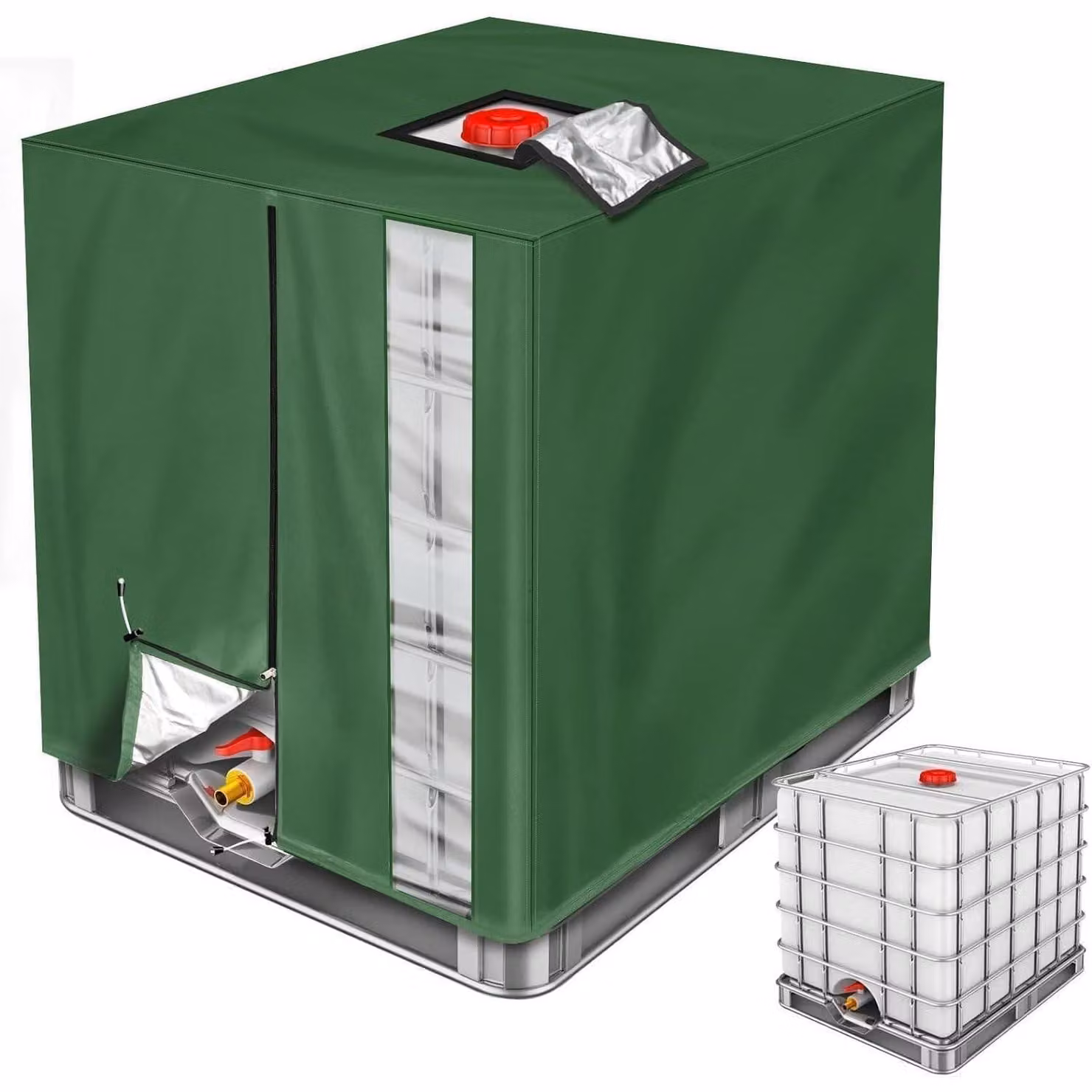 Copertura per serbatoio IBC da 1000 litri, colore verde, realizzata in tessuto Oxford 420D, impermeabile, con protezione UV e chiusura a zip, dimensioni 120x100x116 cm