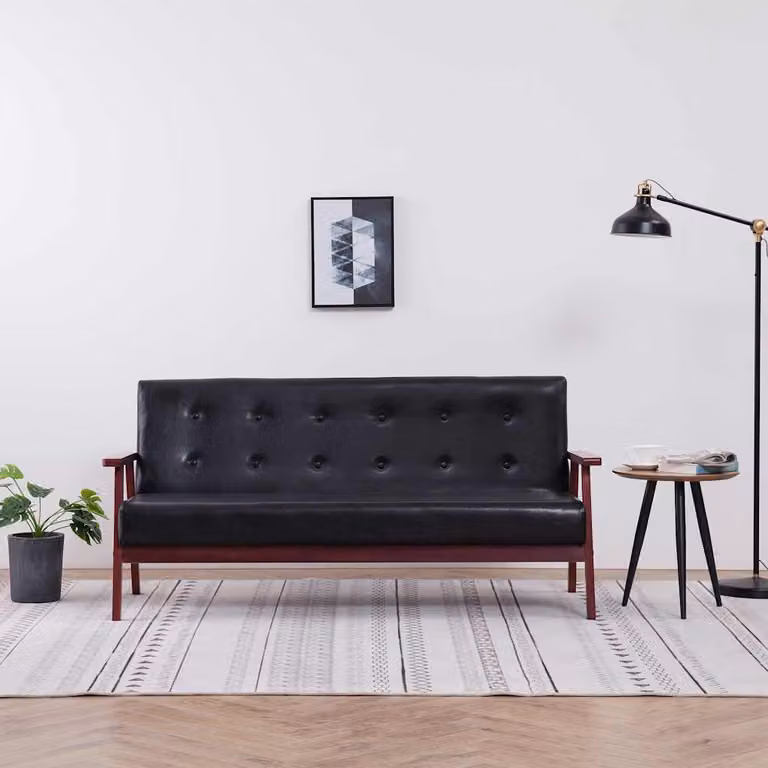 Divano a 3 posti vidaXL in similpelle nero con struttura in legno in stile retro per il tuo soggiorno
