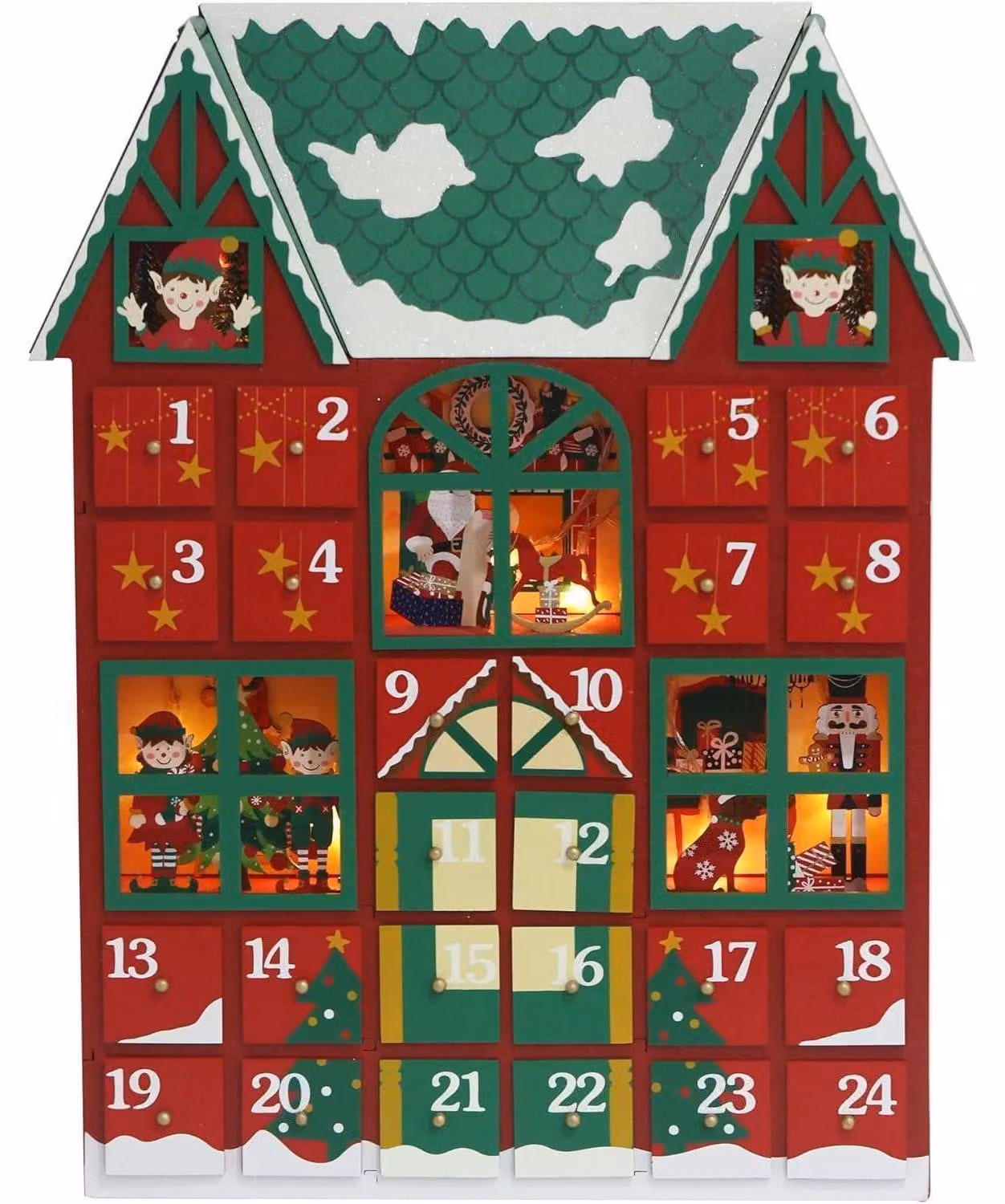 Calendario dell'Avvento a forma di casetta, in legno, con 24 cassetti e illuminazione a LED, da riempire
