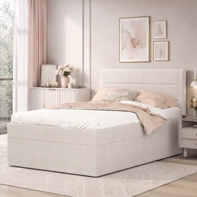 Letto singolo imbottito MODFU con vano contenitore a sollevamento, colore beige, L/P/H: 90 x 200 x 105 cm