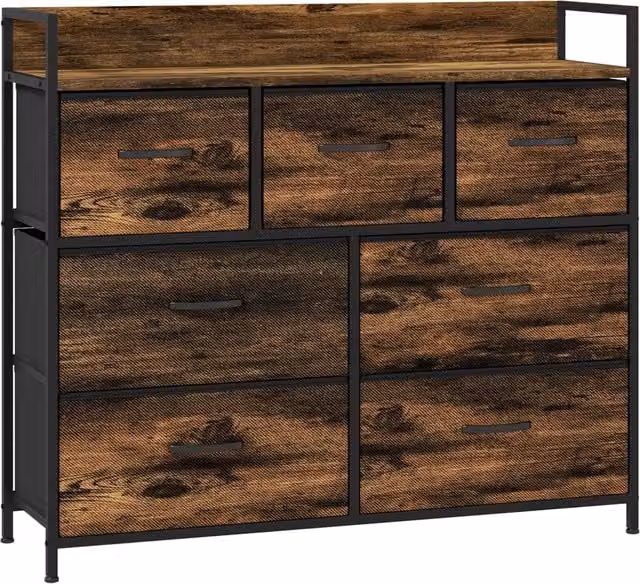 Cassettiera Xylo con 7 cassetti in tessuto marrone e struttura in metallo nero stile industriale L: 98 cm, P: 29 cm, H: 85 cm
