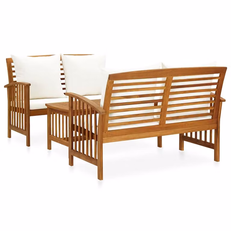Set da giardino moderno vidaXL in legno di acacia con cuscini bianchi e tavolino