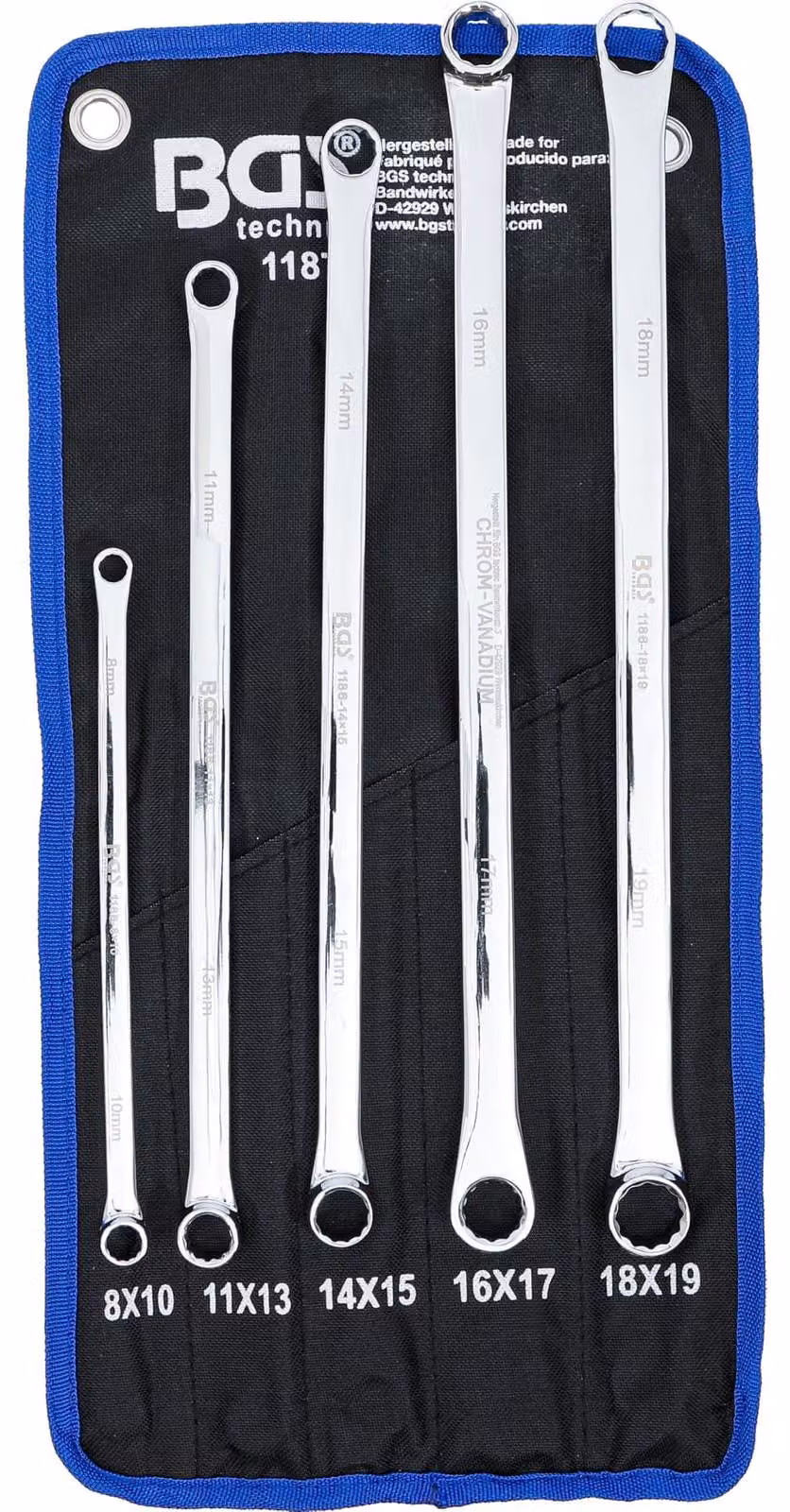 Set chiavi ad anello - 5 pezzi - da 8 a 19 mm - Extra lungo - Cromo vanadio