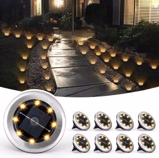 Set di 8 lampade solari per illuminazione esterna: alimentate a energia solare, forniscono luce per 6-12 ore, sono resistenti all'acqua (IP44), emettono luce bianca calda e sono adatte per l'uso all'esterno, in giardino, su terrazze, prati, campi e lungo