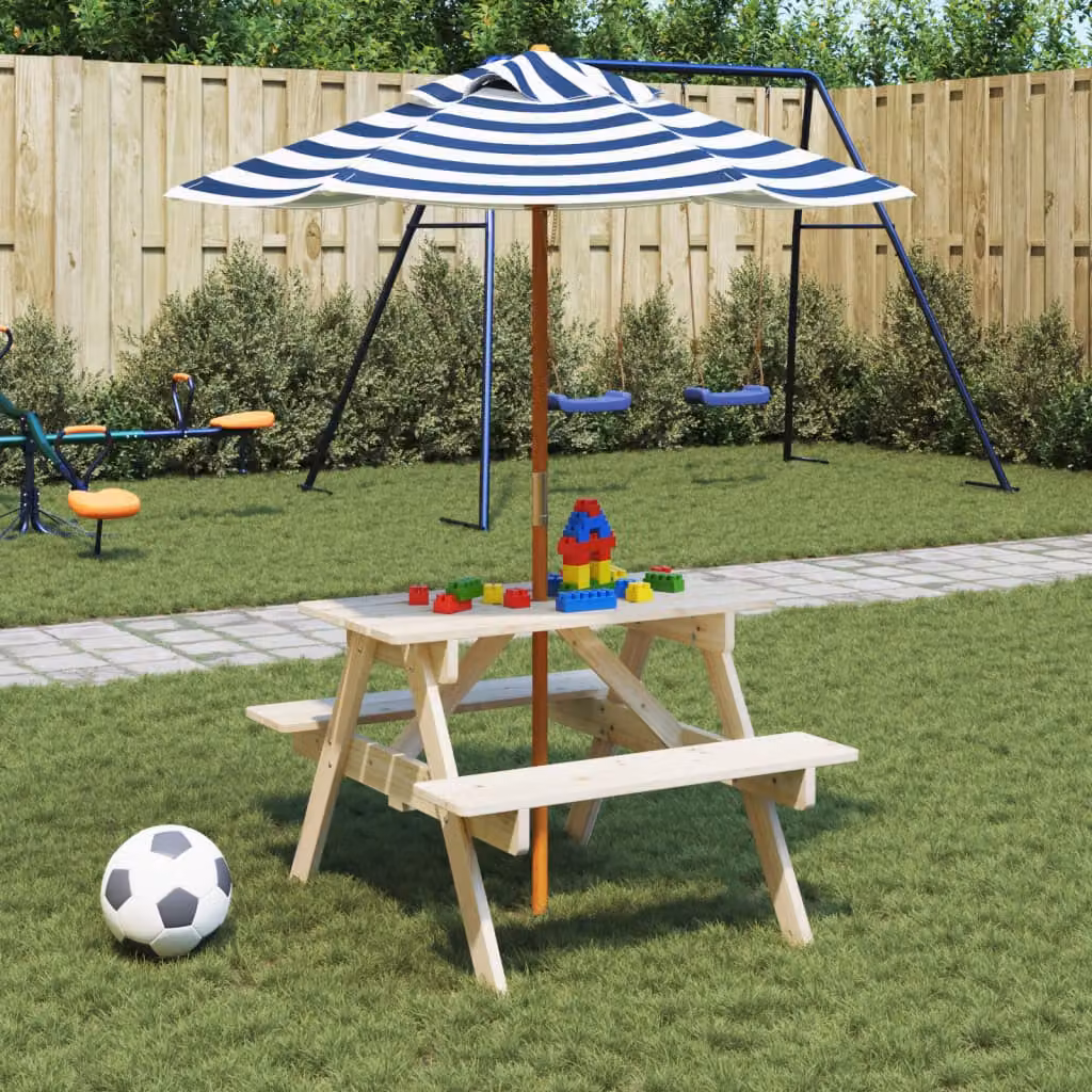 vidaXL Tavolo da picnic per 4 bambini in legno di abete con ombrellone