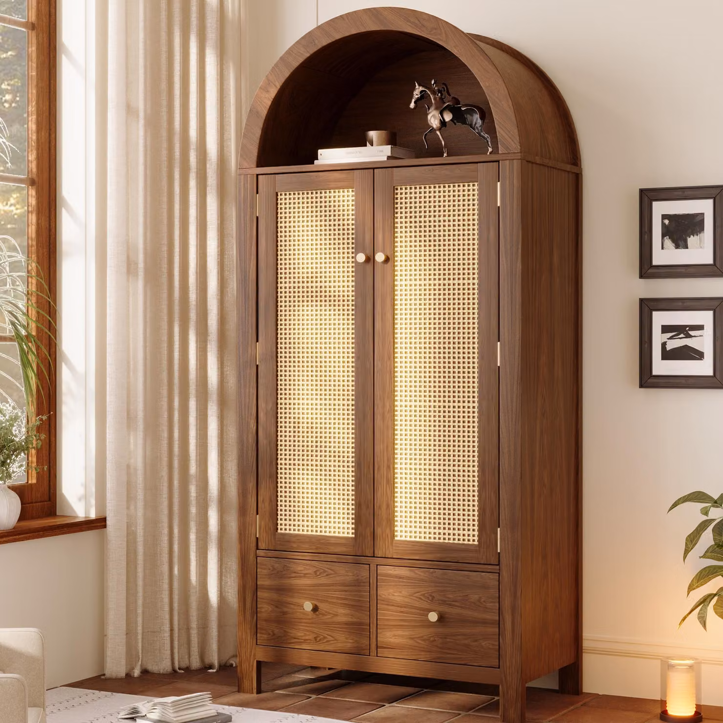 Armadio Merax in rattan con forma ad arco, armadio da camera da letto con 2 ante e 2 cassetti, asta appendiabiti, armadio in stile country, noce