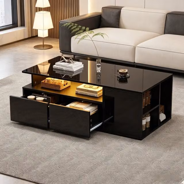 Tavolino da tè 100x50x35 cm con LED, nero, 2 cassetti, portata 60 kg, ampio spazio contenitore, per soggiorno