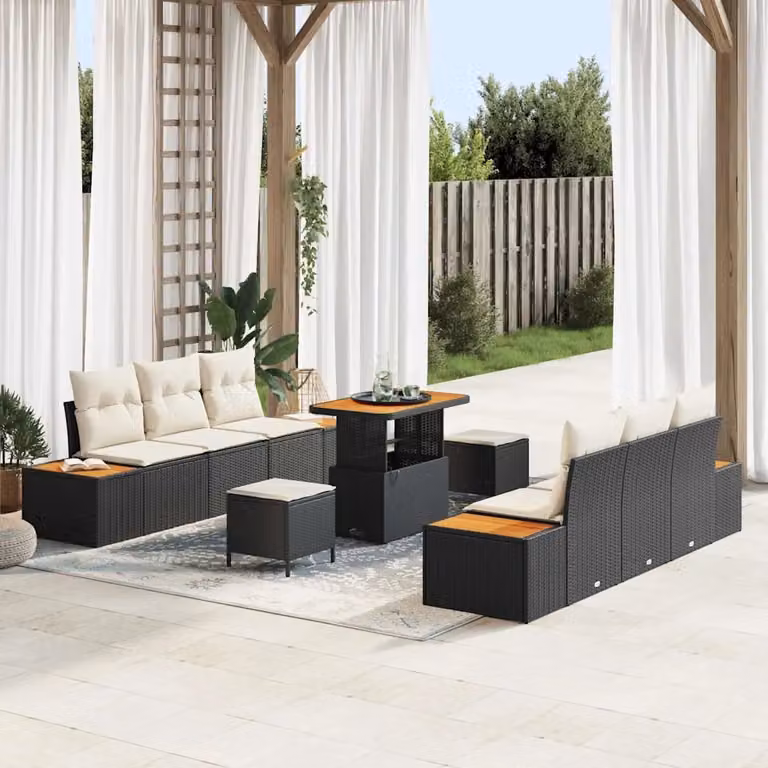 Set Divano da Giardino vidaXL 9 Pezzi a Forma di U con Tavolino, Ottoman e Cuscini, Nero