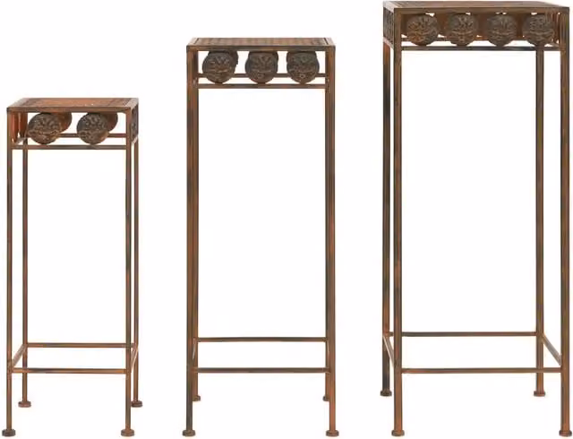 Set di 3 supporti per piante vintage decorativi in metallo 28 x 28 x 71 cm atmosfera elegante in metallo ruggine 02_0046296