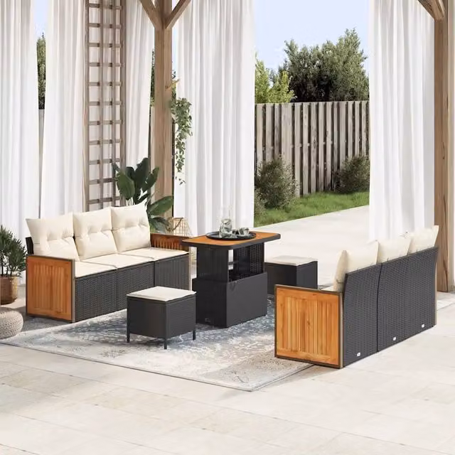 Set Divano da Giardino Moderno vidaXL con Tavolino e Pouf, Nero e Beige, 9 Pezzi con Cuscini Imbottiti e Rivestimenti Rimovibili