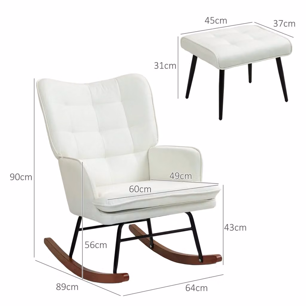 Sedia a dondolo REDOM con poggiapiedi integrato, colore bianco, struttura in legno e metallo, L/P/H: 64 x 89 x 90 cm – 2