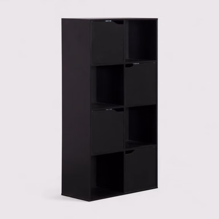 Rofia - Libreria compatta nera con 4 ripiani e 8 scomparti