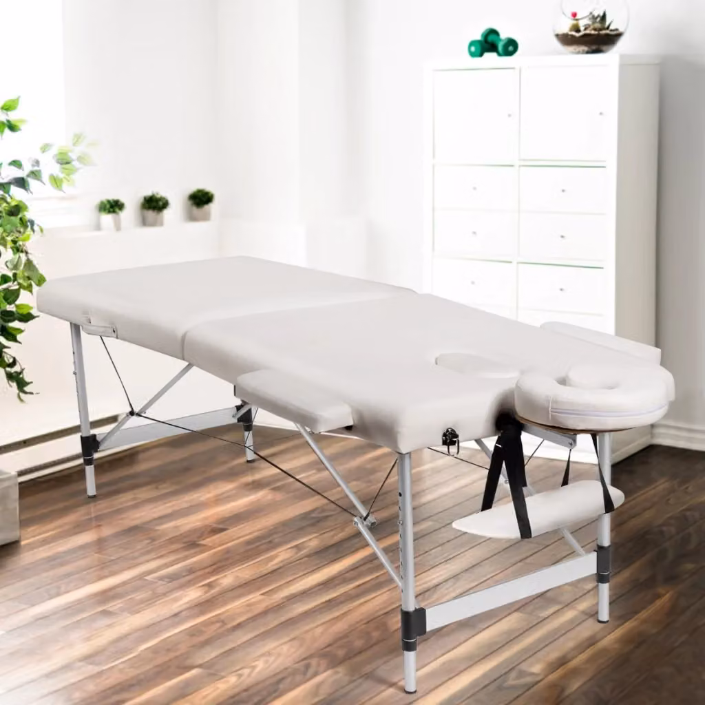 Lettino massaggi pieghevole regolabile in altezza con struttura in alluminio e poggiatesta rimovibile, Bianco – 2