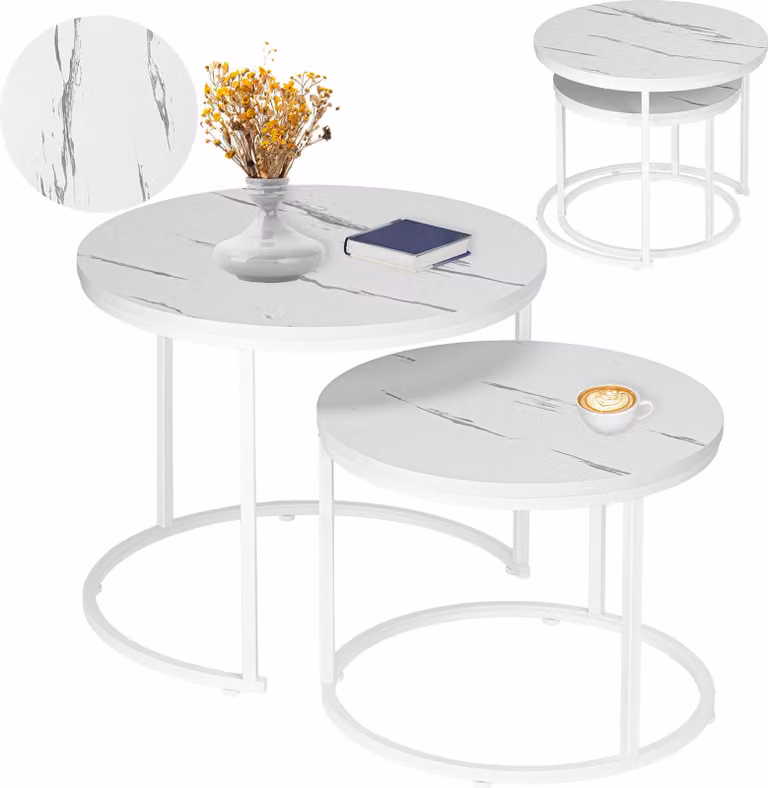 Set di due tavolini, color bianco, modello Galen, piccoli, in marmo bianco