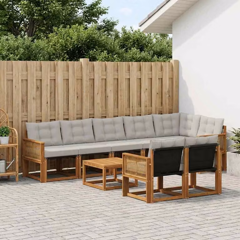 vidaXL Set di divani da esterno a forma di U composto da 9 pezzi in legno di acacia e tessuto textilene, colori beige, grigio e marrone