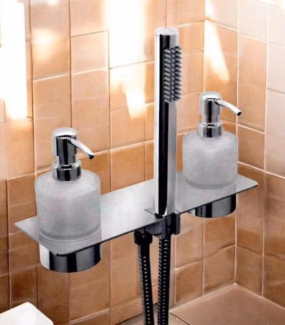 Kit doccia Bagnoclic con mensola, dispenser e presa acqua in metallo e vetro, colore argento, montaggio a parete