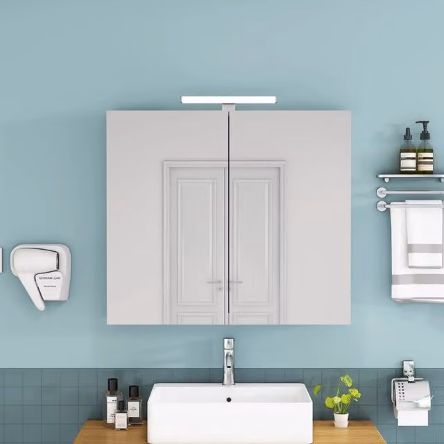 Armadietto a specchio da bagno a parete con 2 ante LED presa francese ripiani in vetro regolabili MDF bianco 80 cm