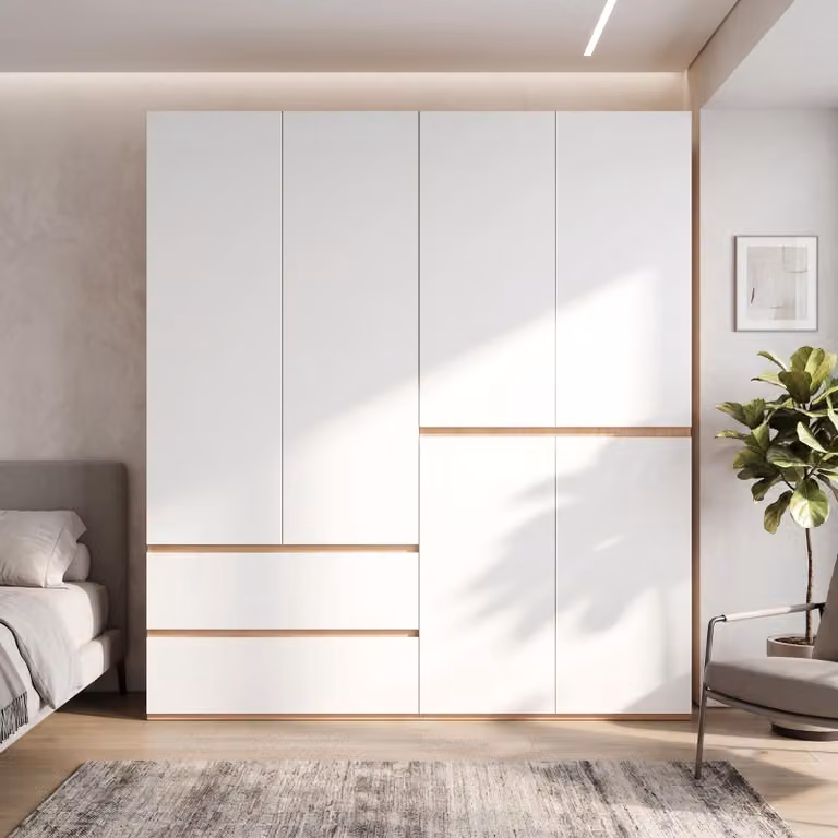 Armadio 180x50x200, 6 ante, 2 aste appendiabiti, 5 cassetti, stile classico