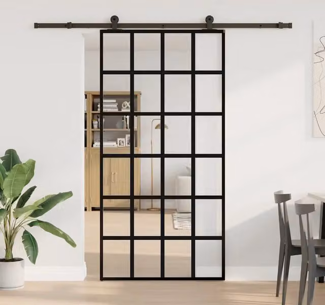 Porta Scorrevole Moderna vidaXL in Vetro Trasparente e Alluminio Nero L: 102 cm, H: 205 cm