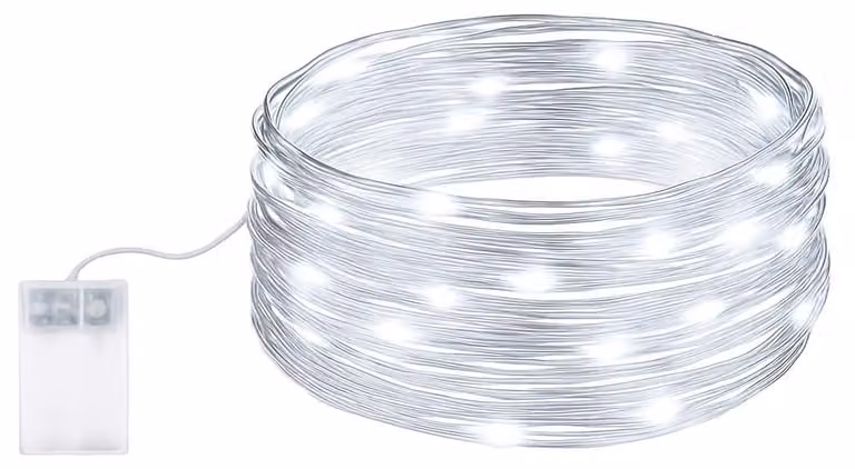 Catena luminosa a LED, 5 metri, 50 LED, alimentazione a batteria, colore bianco, per interni ed esterni