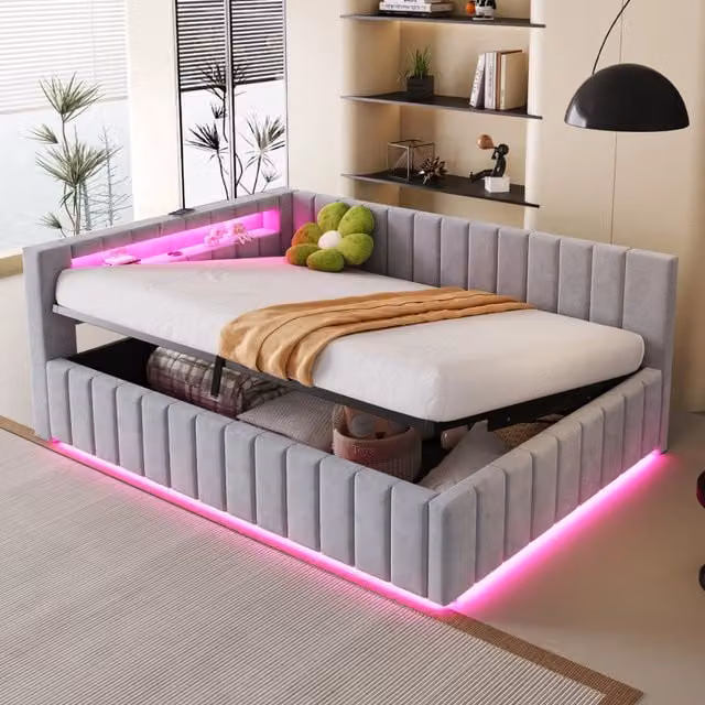Letto contenitore matrimoniale OKWISH in velluto grigio con illuminazione LED e porta USB, L/P/H: 140 x 200 x 147 cm – 1