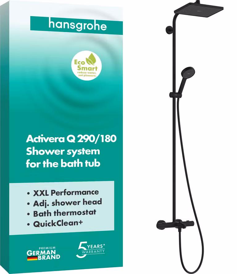 Sistema doccia con termostato, doccia a pioggia 290x180 mm, finitura nero opaco