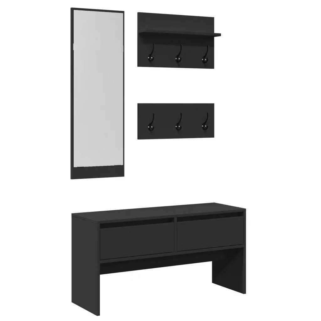 Set Mobili da Ingresso vidaXL 4 Pezzi Moderno Nero in Legno e Metallo con Panca, Specchio e Pannello con Ganci – 2