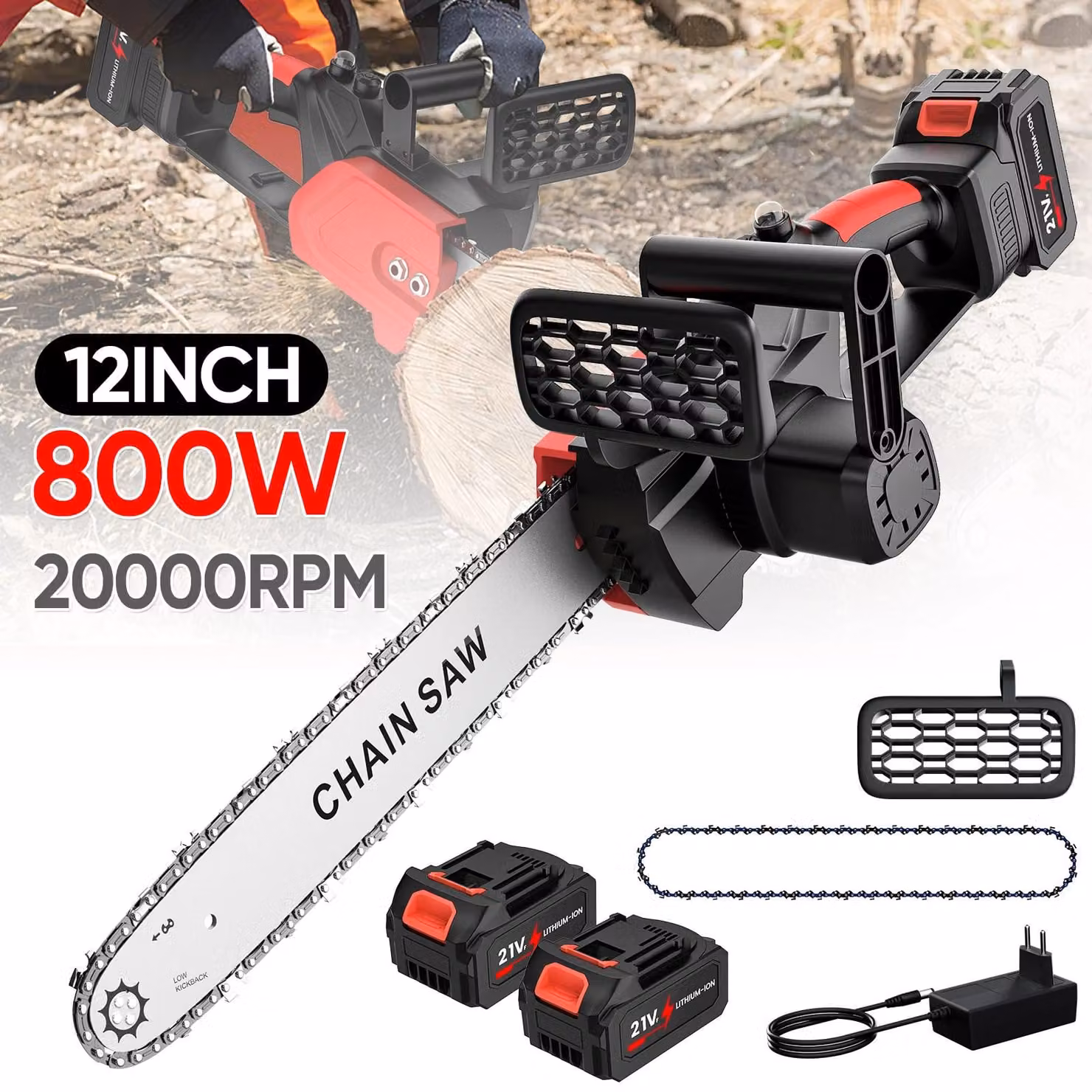 Troncatrice a catena - Troncatrice a catena a batteria - Lame da 30 cm - Motore brushless - Lubrificazione automatica della catena - 2 batterie al litio - Colore: rosso