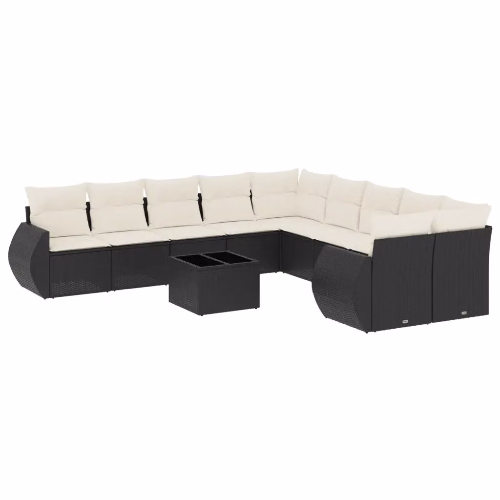 vidaXL Set Divani da Giardino 11 pz a Forma a L in Polyrattan Nero con Cuscini e Tavolino da Esterno – 2
