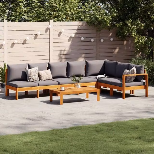 Set da giardino componibile a L vidaXL in legno di acacia con 5 pezzi e cuscini grigi