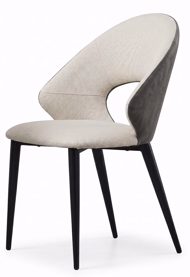 Sedia da pranzo dal design elegante, beige e grigia, con cuciture decorative e foro circolare sul sedile