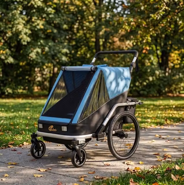 Rimorchio bici 2-in-1 per 2 bambini convertibile in passeggino blu