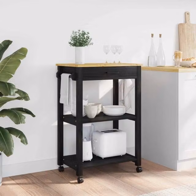 Carrello da cucina moderno vidaXL in legno nero con ruote L 88,5 x P 40 x H 60 cm