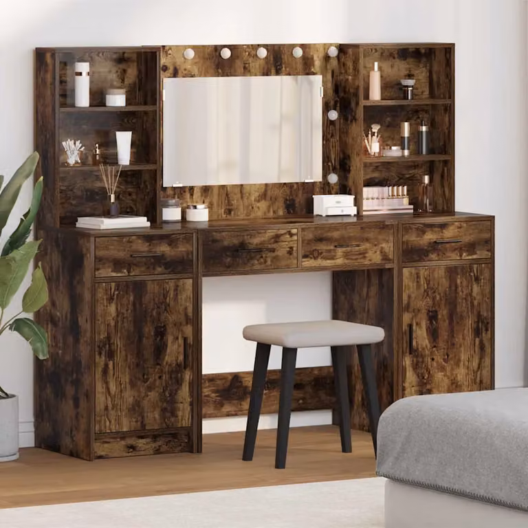 Set da tavolo da trucco con LED vidaXL Hollywood 3 pz Rovere fumé