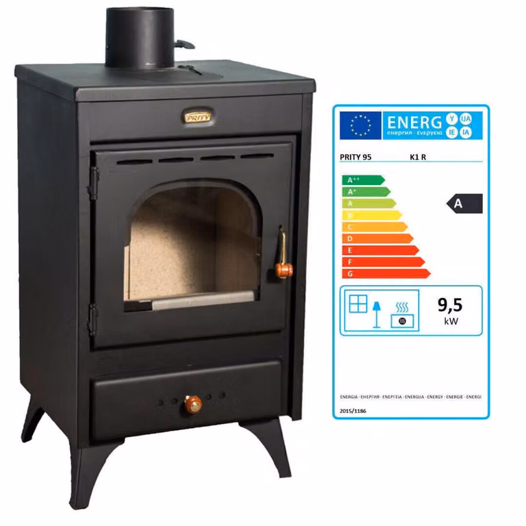 Stufa a legna Prity K1 R - 9,5 kW, compatta, nero grafite, classe energetica A