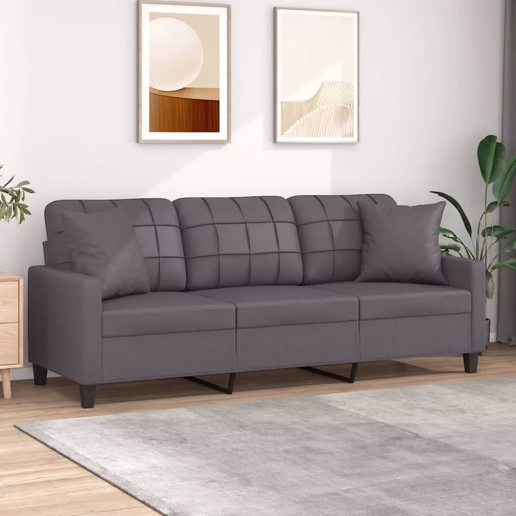 vidaXL Divano a 3 Posti Moderno in Similpelle Grigio con Cuscini, L: 198 cm, P: 80 cm, H: 77 cm