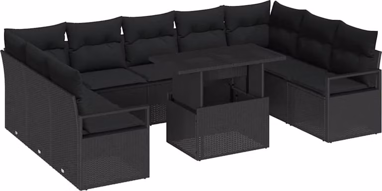 Set Divano da Giardino 10 pcs Nero Poly Rattan