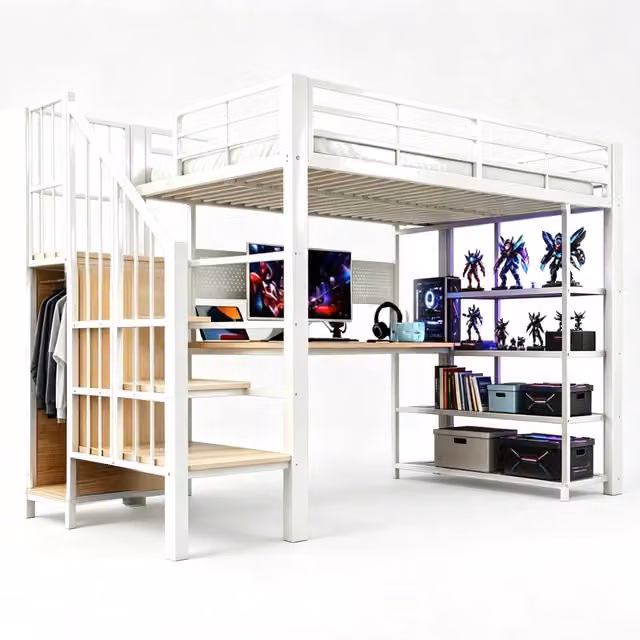 Letto a soppalco singolo REDOM bianco con scala contenitore, illuminazione LED e porte USB, L/P: 90 x 200 cm