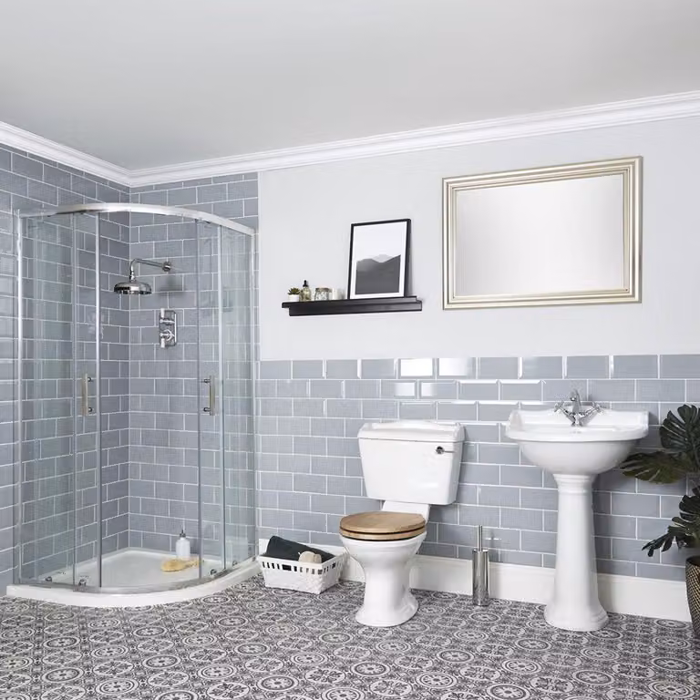 Set Bagno con Box Doccia Angolare, Sanitario WC Monoblocco e Lavabo su Colonna - Ryther