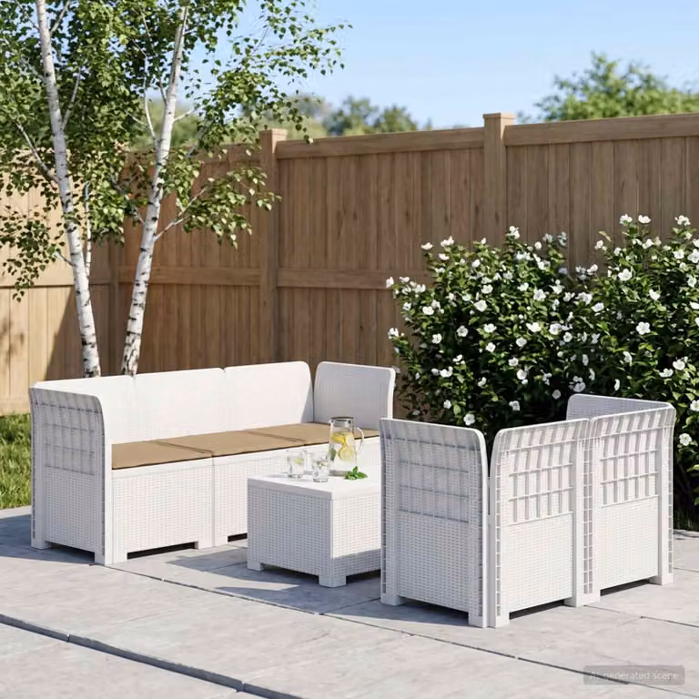 Set da giardino vidaXL a forma di L con divano da 5 posti, elemento angolare, tavolino da caffè e cuscini in stile rattan moderno, colore bianco e beige