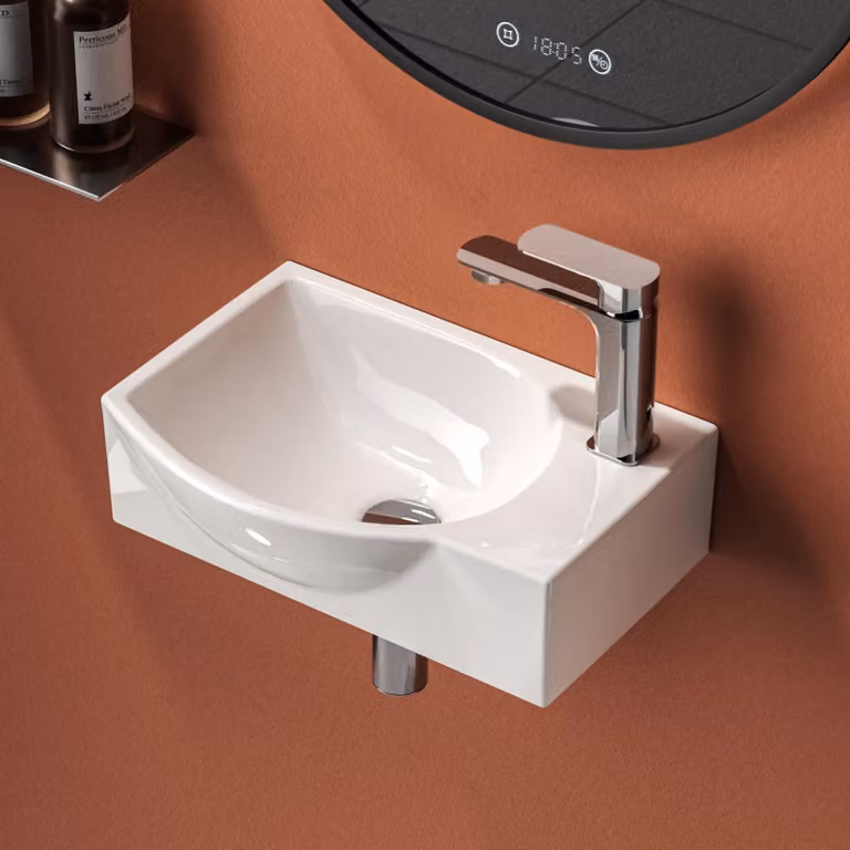 Lavabo compatto EMKE, 40,5 x 28 x 14 cm, rubinetto posizionato a destra, colore bianco