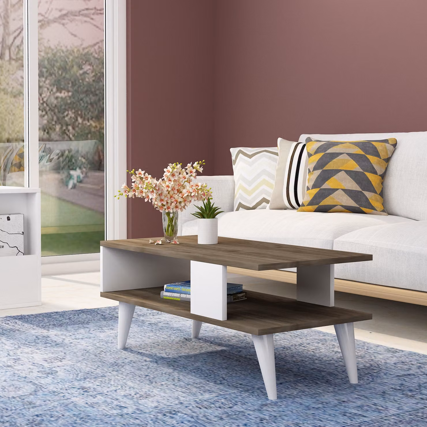 Skye Decor, Ayca - Noce, Bianco, tavolino da caffè, noce, pannello di legno rivestito al 100 % di melamina, 90 x 45 x 40 cm
