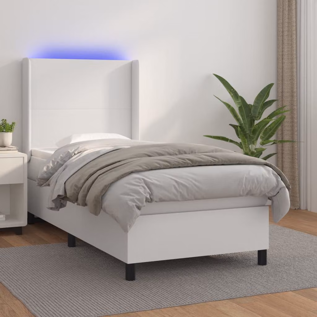 vidaXL Letto con Giroletto a Molle, Materasso Ibrido e Illuminazione LED, Bianco, L/P/H: 90 x 200 cm – 1